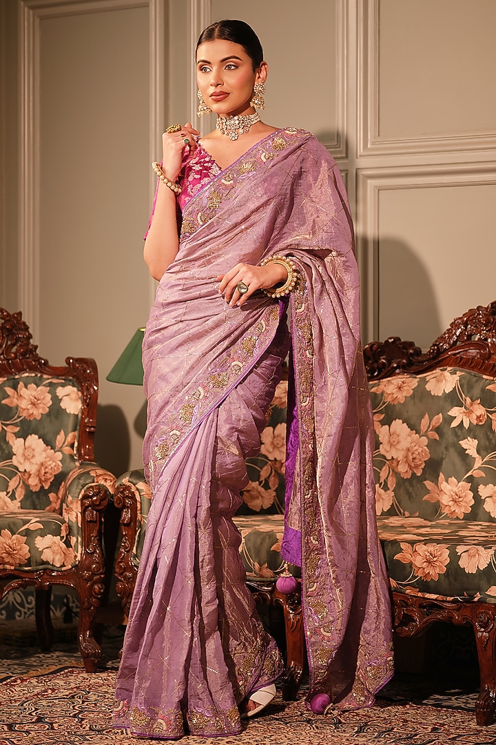 Violet Tissue Kasab & Zardosi Embroidered Reception Saree Set by Ritu Surana at Pernia's Pop Up Shop