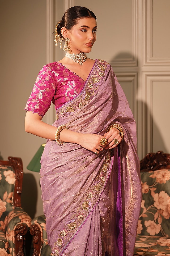 Violet Tissue Kasab & Zardosi Embroidered Reception Saree Set by Ritu Surana at Pernia's Pop Up Shop