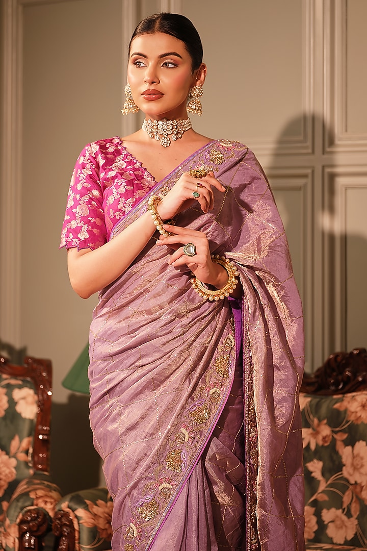 Violet Tissue Kasab & Zardosi Embroidered Reception Saree Set by Ritu Surana at Pernia's Pop Up Shop