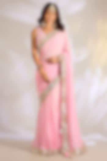 Baby Pink Georgette Gota Patti Embroidered Reception Saree Set by Ritu Surana at Pernia's Pop Up Shop