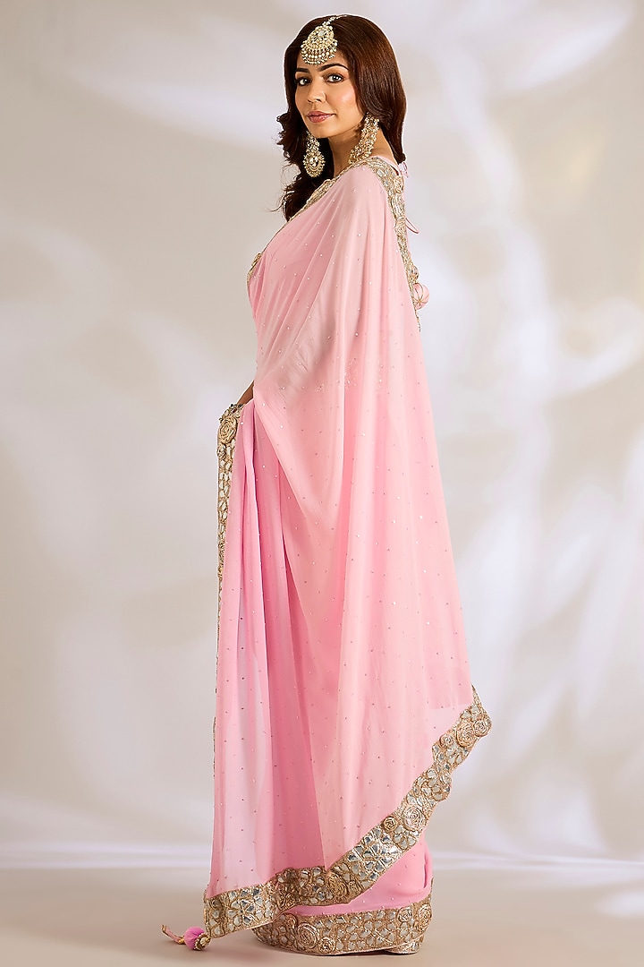 Baby Pink Georgette Gota Patti Embroidered Reception Saree Set by Ritu Surana at Pernia's Pop Up Shop