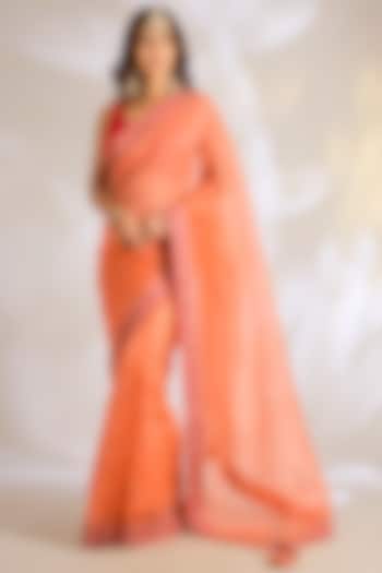 Orange Silk Organza Dori Embroidered Reception Saree Set by Ritu Surana at Pernia's Pop Up Shop