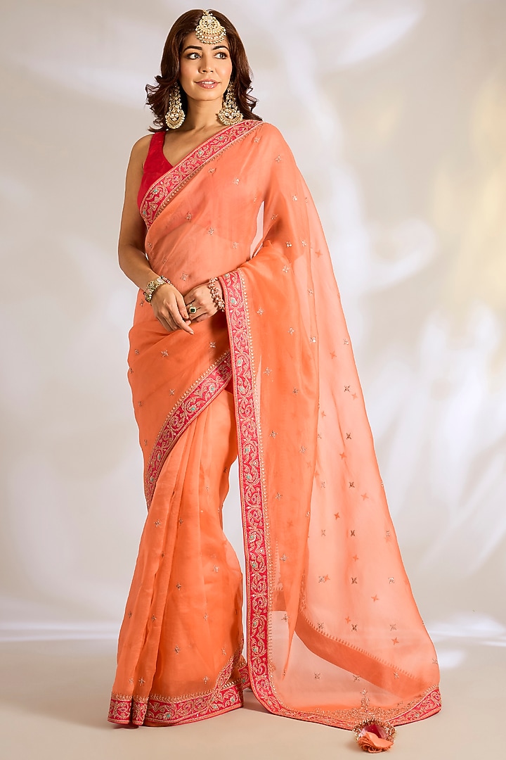 Orange Silk Organza Dori Embroidered Reception Saree Set by Ritu Surana at Pernia's Pop Up Shop