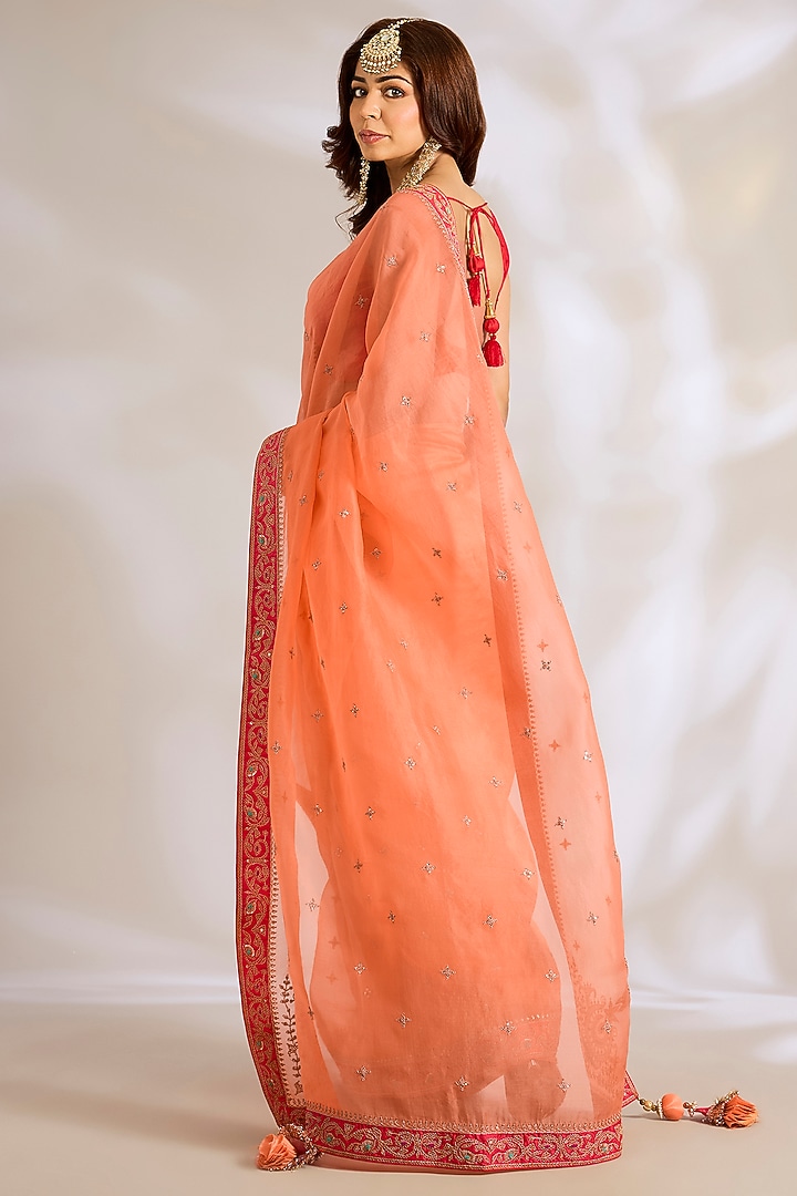 Orange Silk Organza Dori Embroidered Reception Saree Set by Ritu Surana at Pernia's Pop Up Shop
