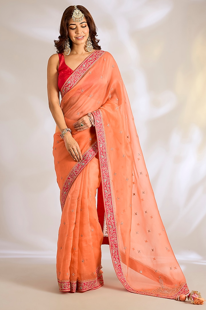 Orange Silk Organza Dori Embroidered Reception Saree Set by Ritu Surana at Pernia's Pop Up Shop