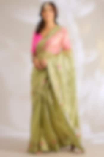 Sage Green Tissue Zardosi Embroidered Reception Saree Set by Ritu Surana at Pernia's Pop Up Shop