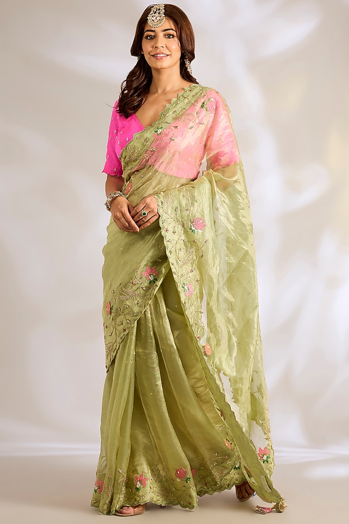 Sage Green Tissue Zardosi Embroidered Reception Saree Set by Ritu Surana at Pernia's Pop Up Shop