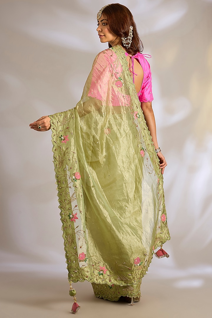 Sage Green Tissue Zardosi Embroidered Reception Saree Set by Ritu Surana at Pernia's Pop Up Shop