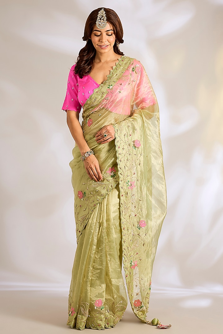 Sage Green Tissue Zardosi Embroidered Reception Saree Set by Ritu Surana at Pernia's Pop Up Shop