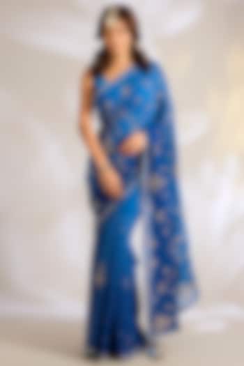 Peacock Blue Georgette Gota Embroidered Reception Saree Set by Ritu Surana at Pernia's Pop Up Shop