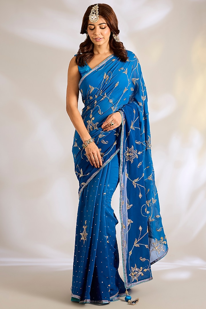Peacock Blue Georgette Gota Embroidered Reception Saree Set by Ritu Surana at Pernia's Pop Up Shop
