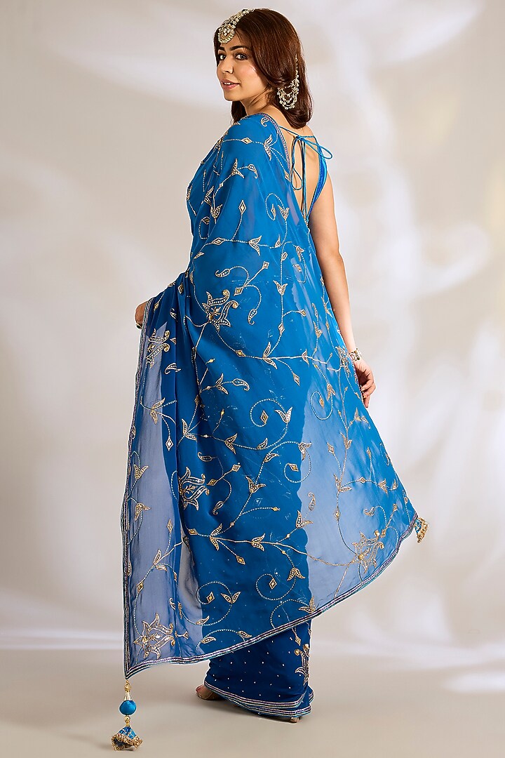 Peacock Blue Georgette Gota Embroidered Reception Saree Set by Ritu Surana at Pernia's Pop Up Shop