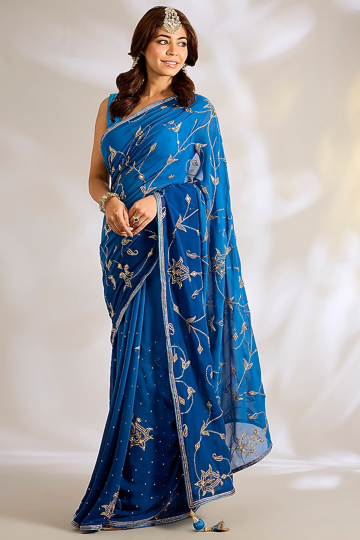 Peacock Blue Georgette Gota Embroidered Reception Saree Set by Ritu Surana at Pernia's Pop Up Shop