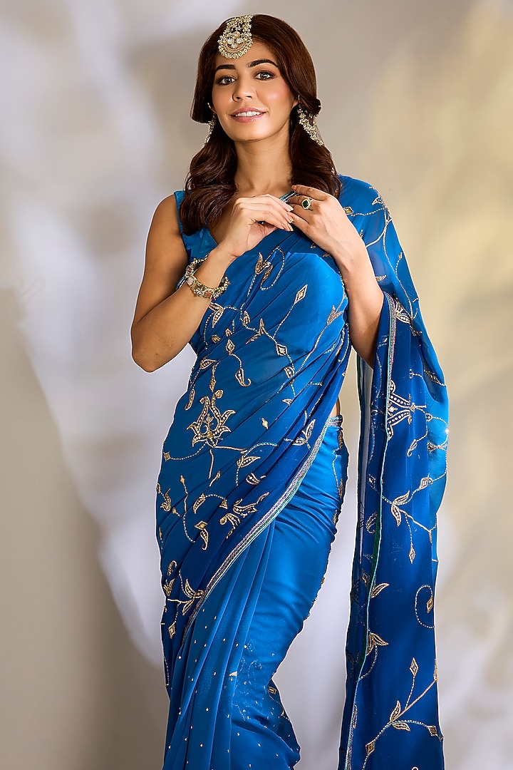 Peacock Blue Georgette Gota Embroidered Reception Saree Set by Ritu Surana at Pernia's Pop Up Shop