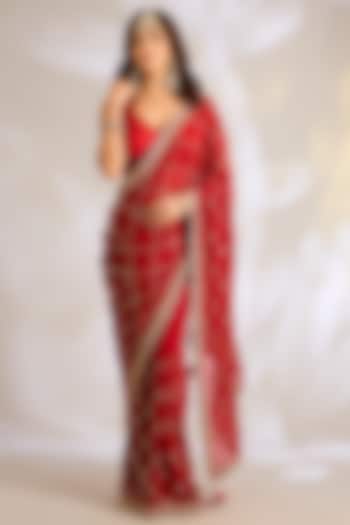 Red Georgette Dori Embroidered Reception Saree Set by Ritu Surana at Pernia's Pop Up Shop