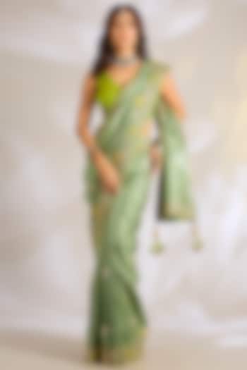 Sage Green Dupion Silk Applique Embroidered Reception Saree Set by Ritu Surana at Pernia's Pop Up Shop