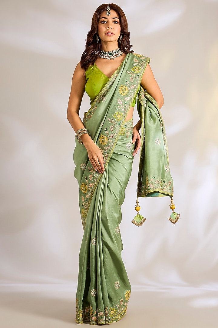 Sage Green Dupion Silk Applique Embroidered Reception Saree Set by Ritu Surana at Pernia's Pop Up Shop
