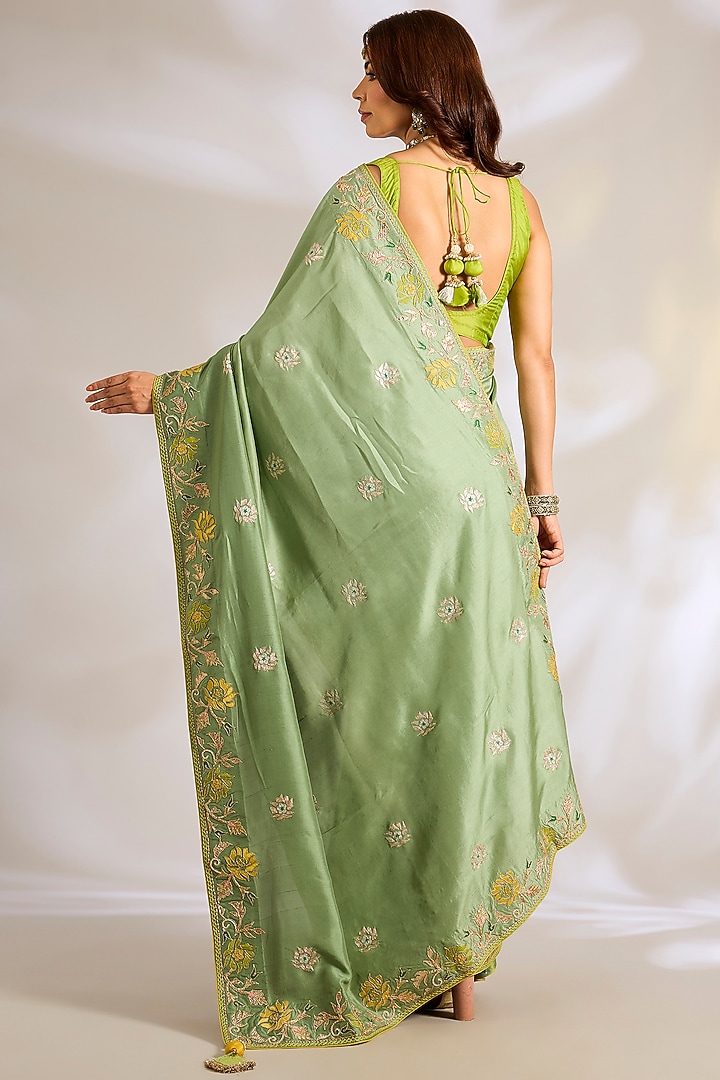 Sage Green Dupion Silk Applique Embroidered Reception Saree Set by Ritu Surana at Pernia's Pop Up Shop