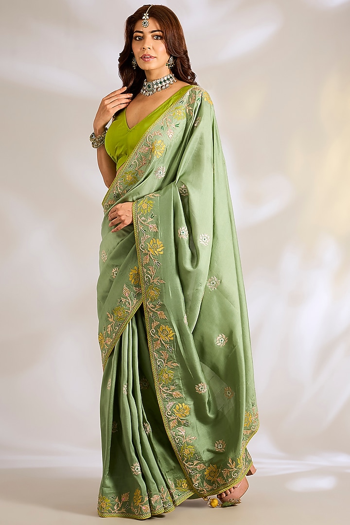 Sage Green Dupion Silk Applique Embroidered Reception Saree Set by Ritu Surana at Pernia's Pop Up Shop