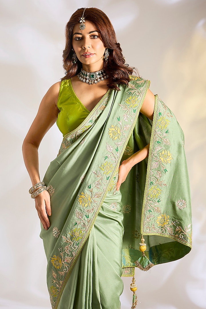 Sage Green Dupion Silk Applique Embroidered Reception Saree Set by Ritu Surana at Pernia's Pop Up Shop
