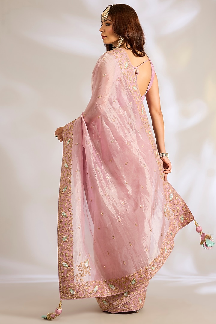 Mauve Tissue Dori Embroidered Bridal Saree Set by Ritu Surana at Pernia's Pop Up Shop
