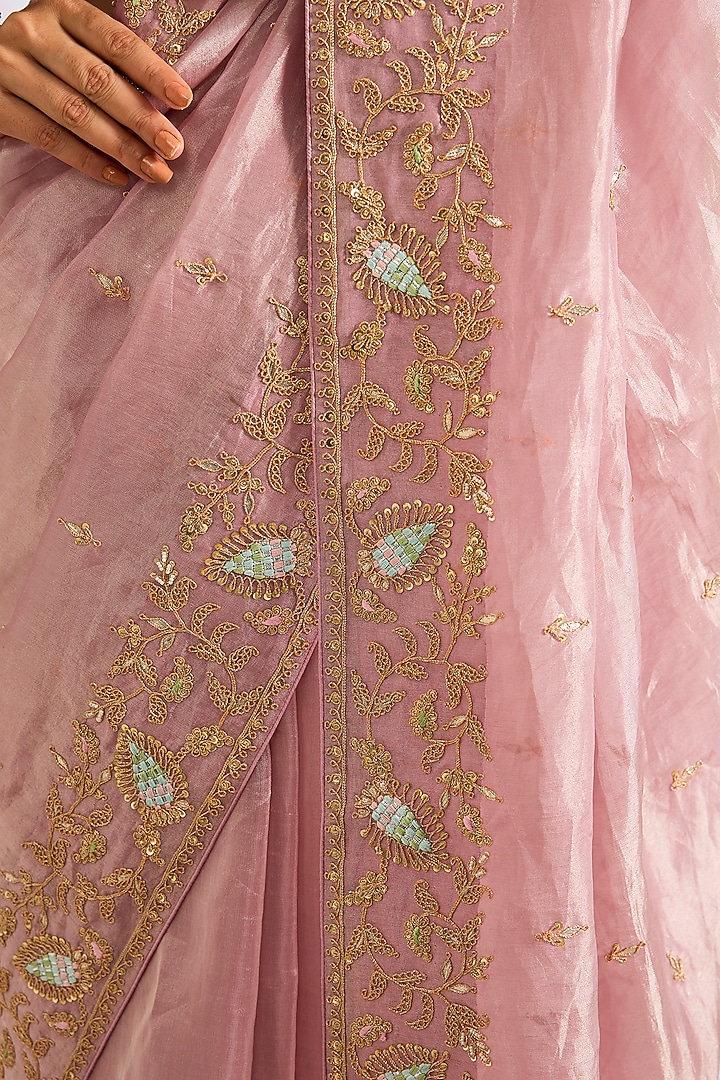 Mauve Tissue Dori Embroidered Bridal Saree Set by Ritu Surana at Pernia's Pop Up Shop