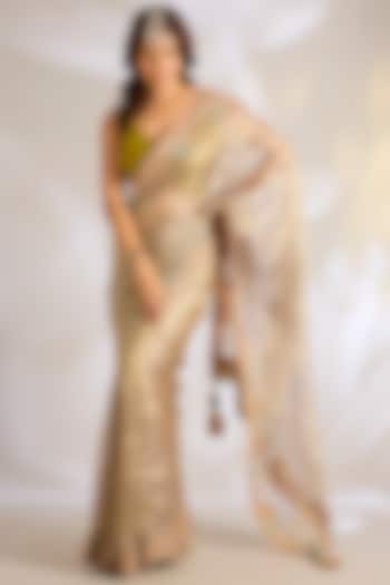 Antique Gold Tissue Zardosi Embroidered Bridal Saree Set by Ritu Surana at Pernia's Pop Up Shop