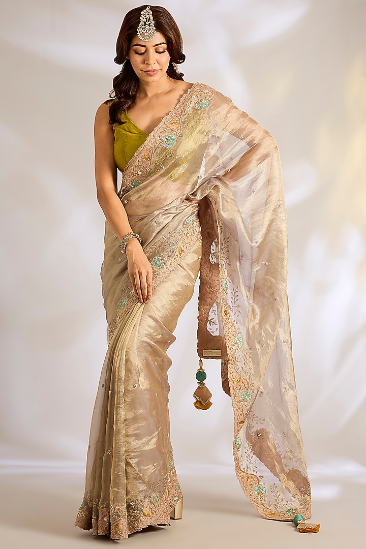 Antique Gold Tissue Zardosi Embroidered Bridal Saree Set by Ritu Surana at Pernia's Pop Up Shop