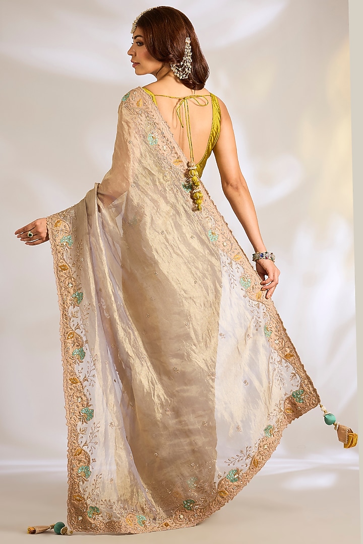 Antique Gold Tissue Zardosi Embroidered Bridal Saree Set by Ritu Surana at Pernia's Pop Up Shop