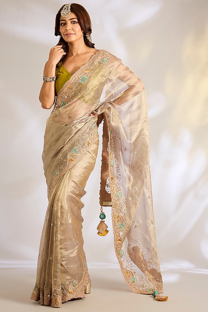 Antique Gold Tissue Zardosi Embroidered Bridal Saree Set by Ritu Surana at Pernia's Pop Up Shop