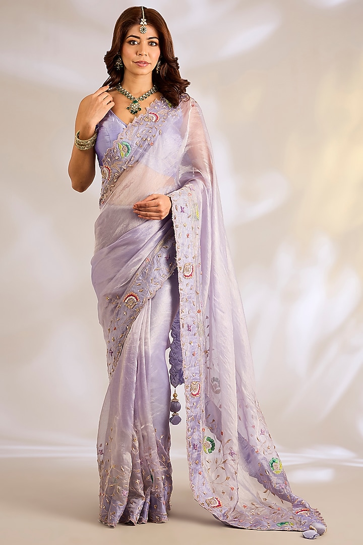 Lavender Tissue Resham Embroidered Bridal Saree Set by Ritu Surana at Pernia's Pop Up Shop