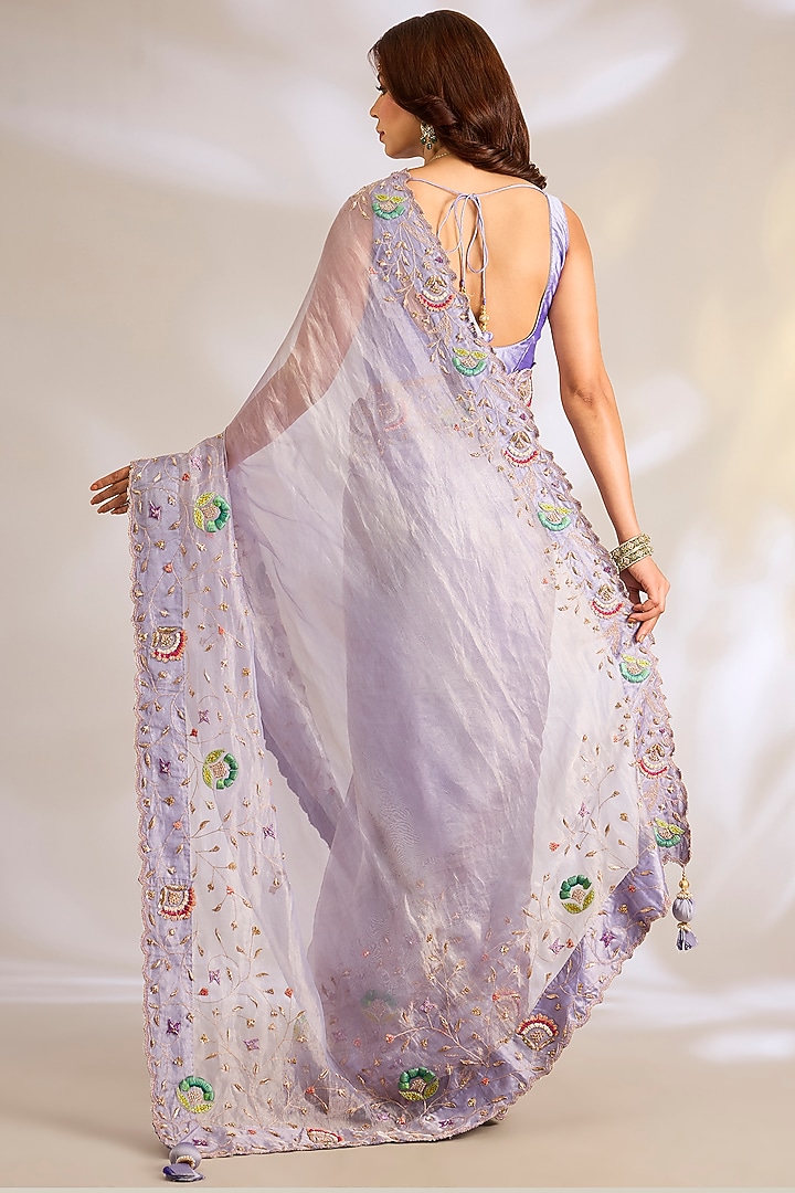 Lavender Tissue Resham Embroidered Bridal Saree Set by Ritu Surana at Pernia's Pop Up Shop