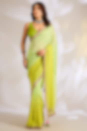Lime Green Silk Gota Embroidered Reception Saree Set by Ritu Surana at Pernia's Pop Up Shop