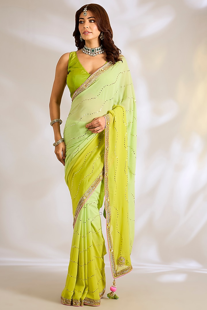 Lime Green Silk Gota Embroidered Reception Saree Set by Ritu Surana at Pernia's Pop Up Shop