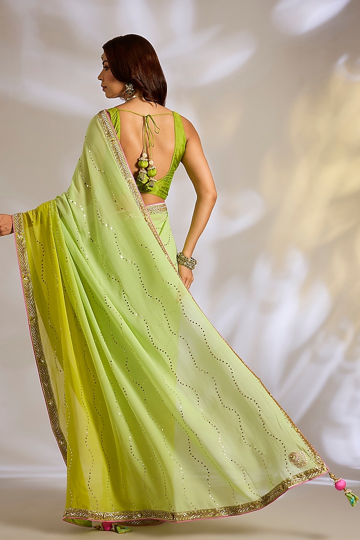 Lime Green Silk Gota Embroidered Reception Saree Set by Ritu Surana at Pernia's Pop Up Shop