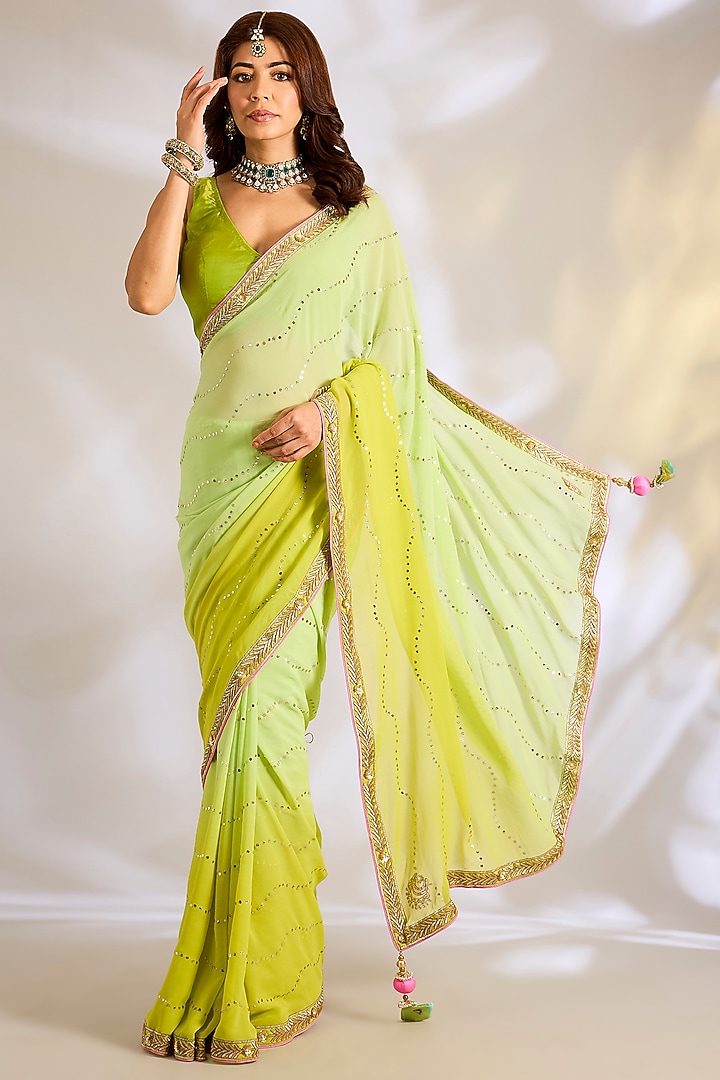 Lime Green Silk Gota Embroidered Reception Saree Set by Ritu Surana at Pernia's Pop Up Shop