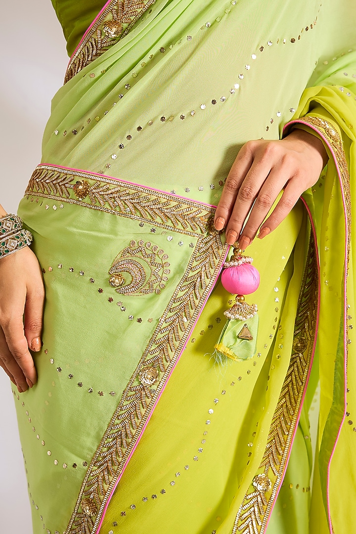 Lime Green Silk Gota Embroidered Reception Saree Set by Ritu Surana at Pernia's Pop Up Shop