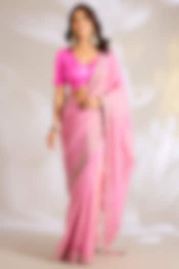 Light Pink Katan Silk Tissue Zardosi Embroidered Reception Saree Set by Ritu Surana at Pernia's Pop Up Shop