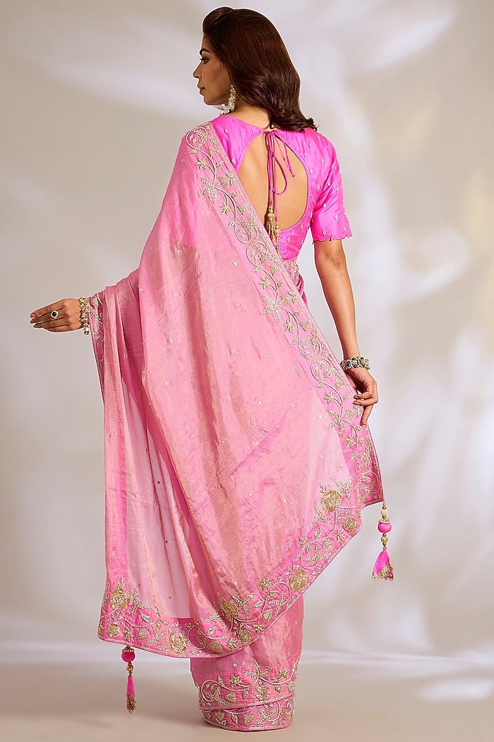 Light Pink Katan Silk Tissue Zardosi Embroidered Reception Saree Set by Ritu Surana at Pernia's Pop Up Shop