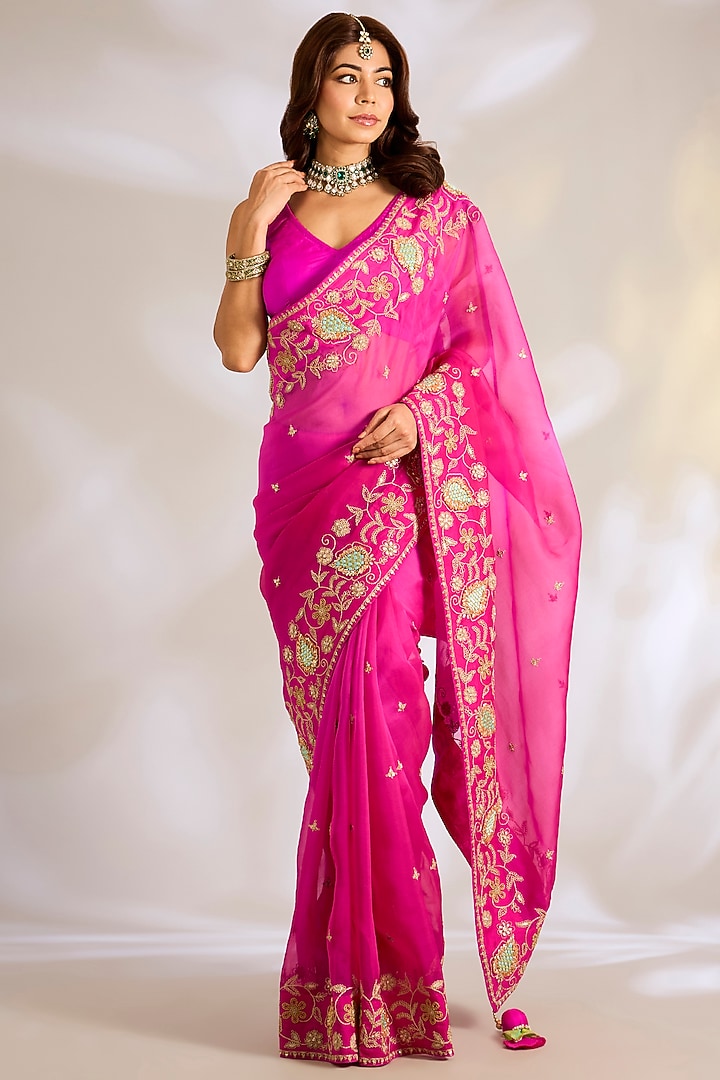 Fuchsia Pink Silk Organza Dori Embroidered Reception Saree Set by Ritu Surana at Pernia's Pop Up Shop