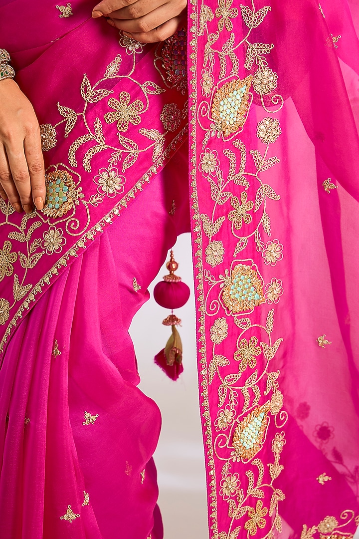 Fuchsia Pink Silk Organza Dori Embroidered Reception Saree Set by Ritu Surana at Pernia's Pop Up Shop