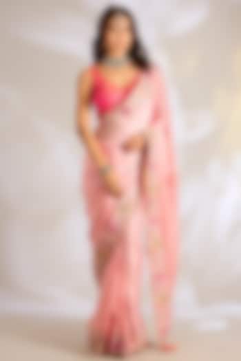Peach Crepe Satin Resham Embroidered Bridal Saree Set by Ritu Surana at Pernia's Pop Up Shop