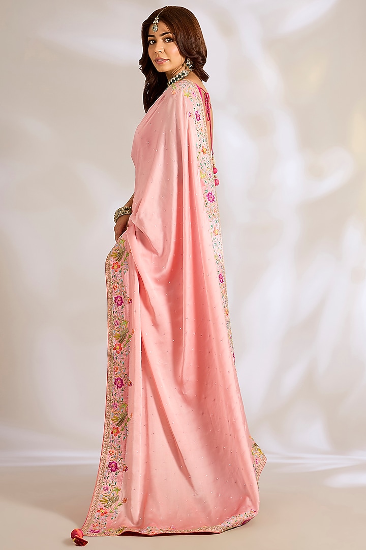 Peach Crepe Satin Resham Embroidered Bridal Saree Set by Ritu Surana at Pernia's Pop Up Shop