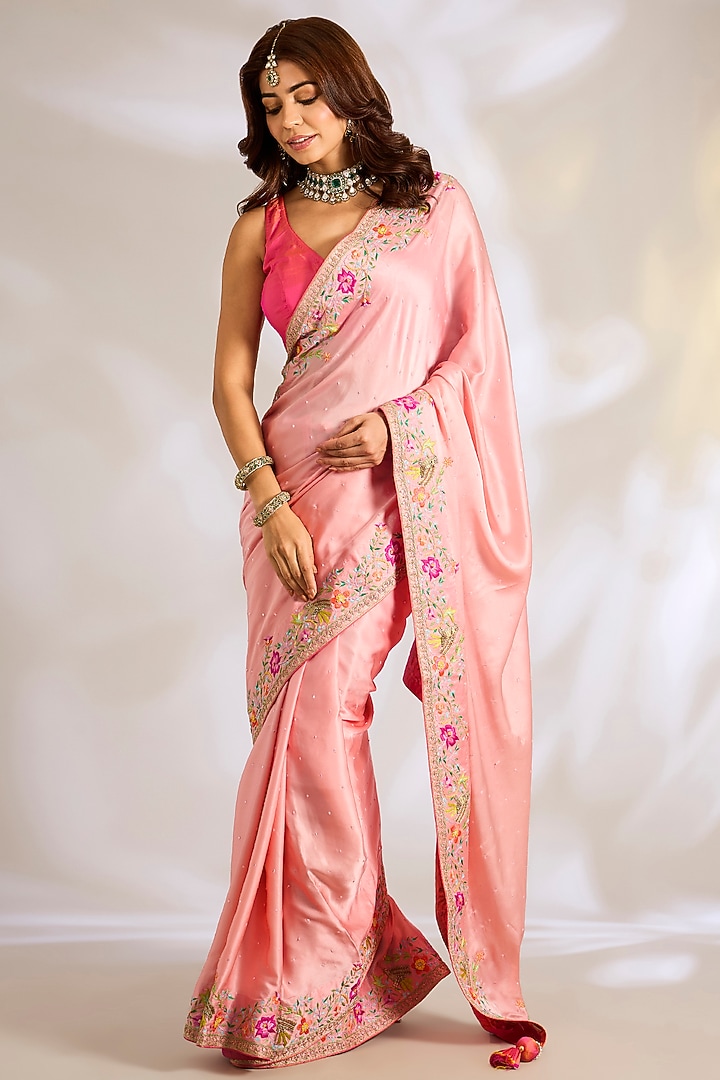 Peach Crepe Satin Resham Embroidered Bridal Saree Set by Ritu Surana at Pernia's Pop Up Shop