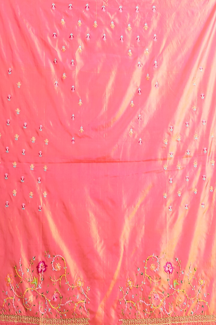 Peach Crepe Satin Resham Embroidered Bridal Saree Set by Ritu Surana at Pernia's Pop Up Shop