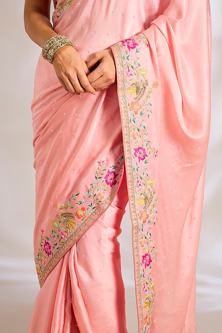 Peach Crepe Satin Resham Embroidered Bridal Saree Set by Ritu Surana at Pernia's Pop Up Shop