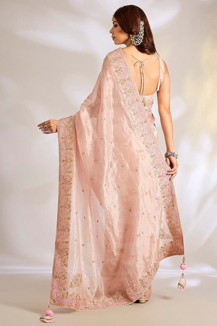 Rose Gold Tissue Zardosi Embroidered Bridal Saree Set by Ritu Surana at Pernia's Pop Up Shop