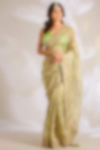 Sage Green Tissue Gota Patti Embroidered Reception Saree Set by Ritu Surana at Pernia's Pop Up Shop