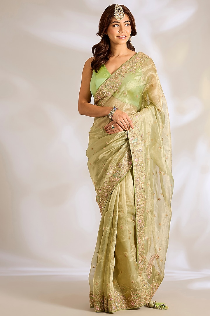 Sage Green Tissue Gota Patti Embroidered Reception Saree Set by Ritu Surana at Pernia's Pop Up Shop