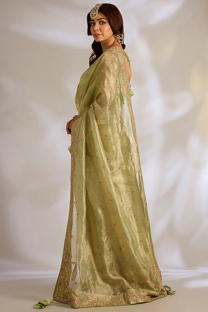 Sage Green Tissue Gota Patti Embroidered Reception Saree Set by Ritu Surana at Pernia's Pop Up Shop